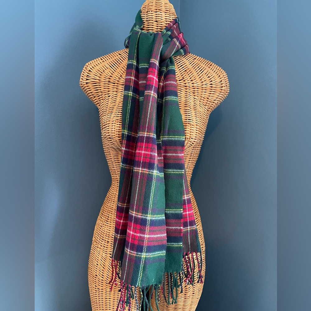 Cashmere Plaid Scarf Green Red Blue Fringe Germany 12 x 70